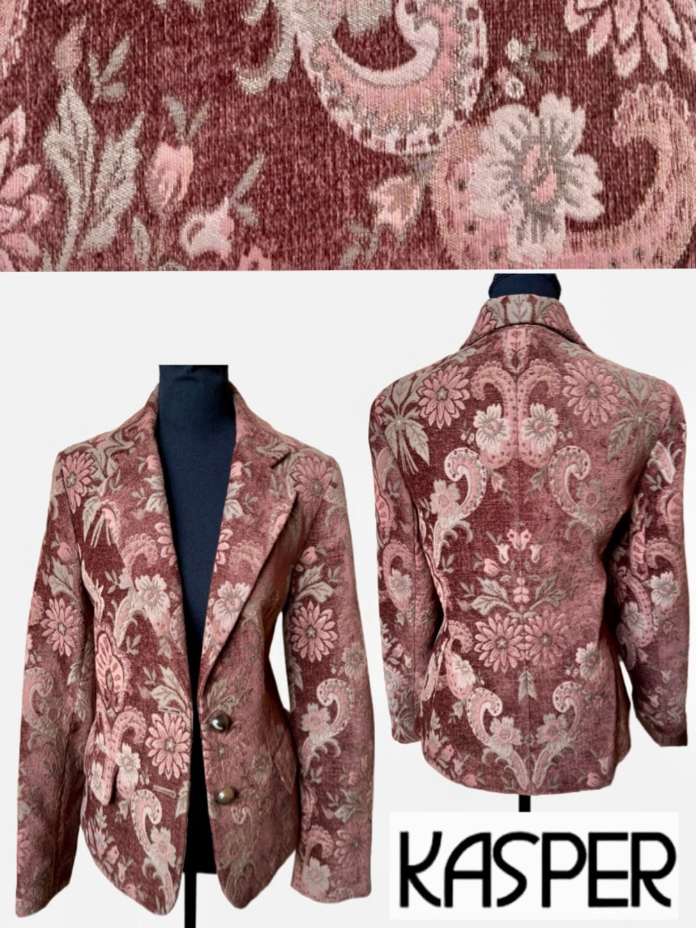 Tapestry Brocade KASPER Blazer Jacket Mauve-Brown Floral Paisley Pattern Size 12